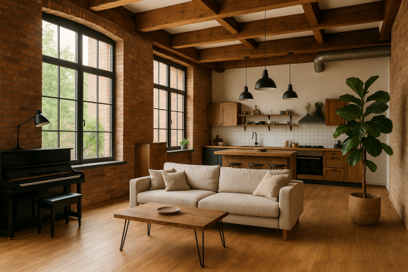 Helles, modernes Wohnzimmer mit Holzdetails, Sofa, Klavier und großen Fenstern.